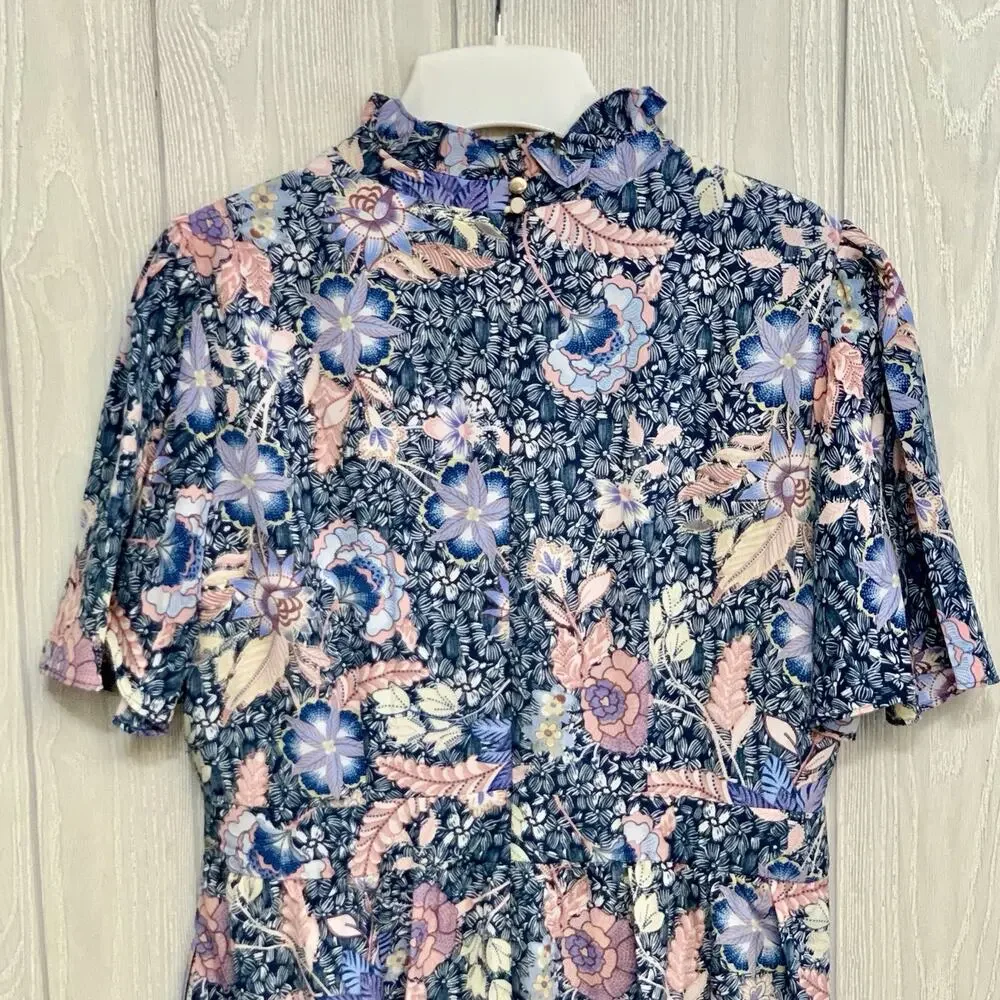 Julia Jordan Blue Floral Ruffle Neck Midi Dress Size 12 - Picture 7 of 8